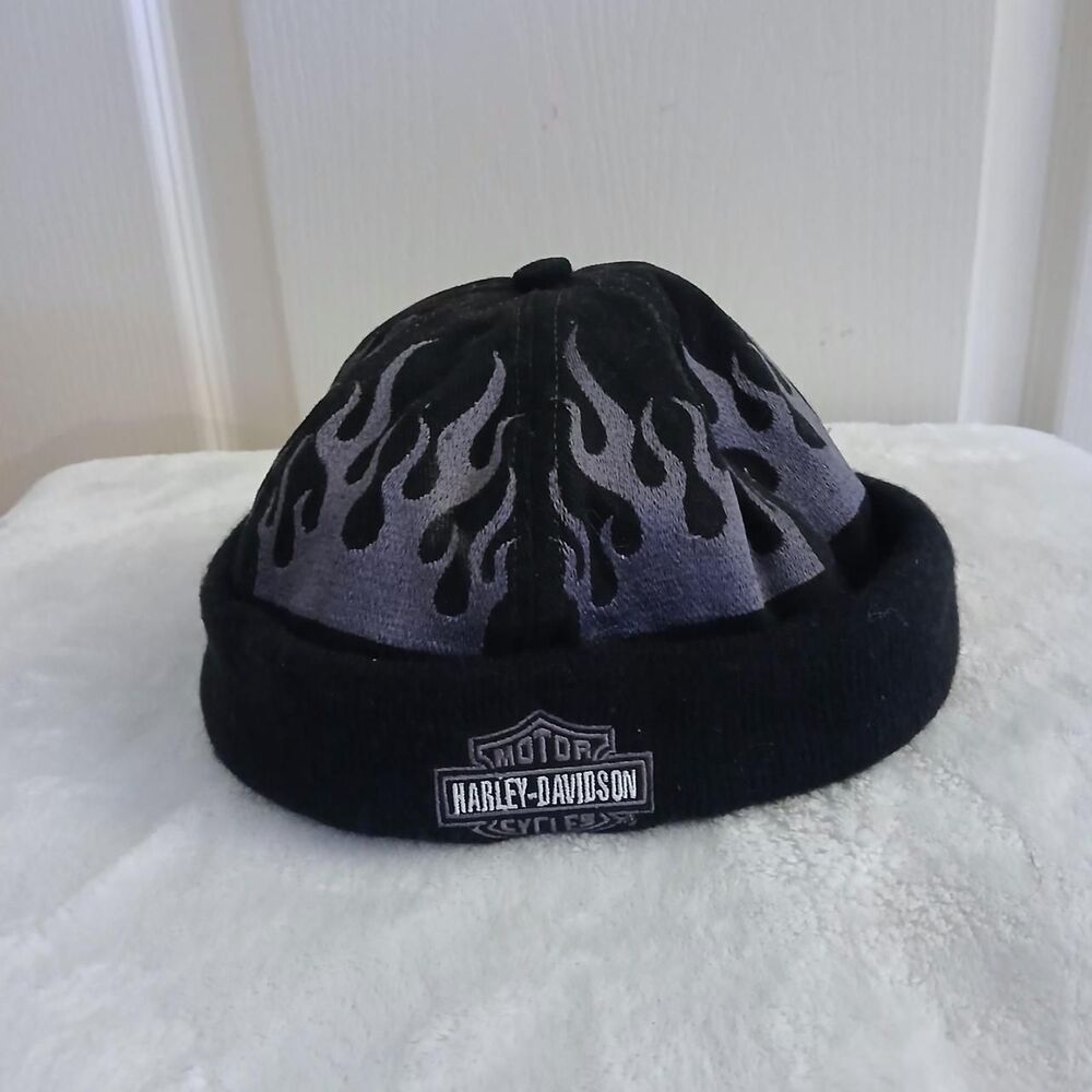Y2K Vintage Harley-Davidson Embroidered Gray Flame Beanie Knit Skull Cap Biker